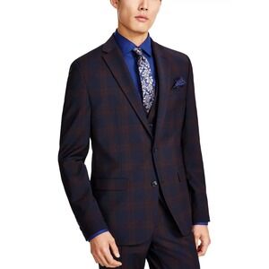 44L Mens Bar III Jacket Blazer Slim Fit Wool Blend Burgundy Navy‎ Plaid E06807